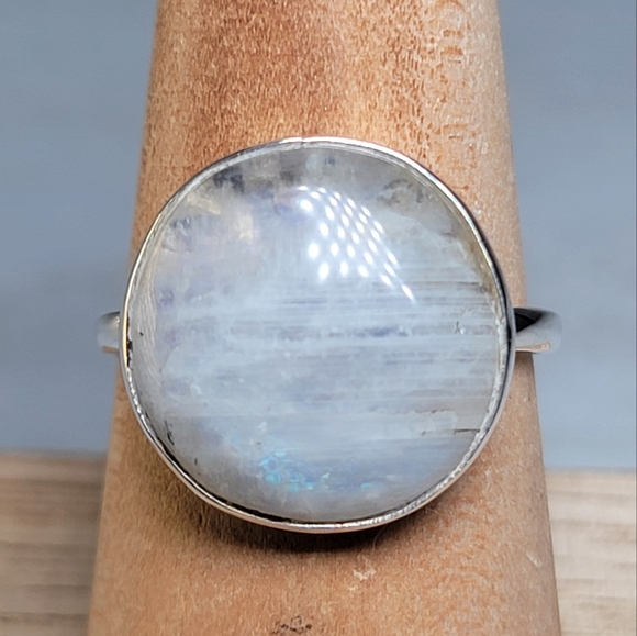 Vintage Jewelry - Native Rainbow Moonstone Ring Size 9 Sterling Silver Womens Jewelry Accessories